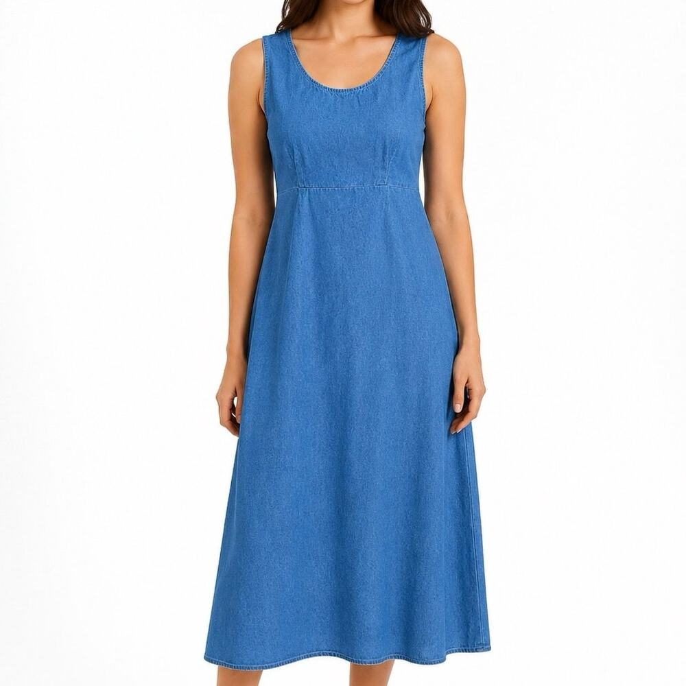 Vintage 90s Blue Denim Sleeveless Midi Dress Scoop Neck Back Zip Sundress Modest